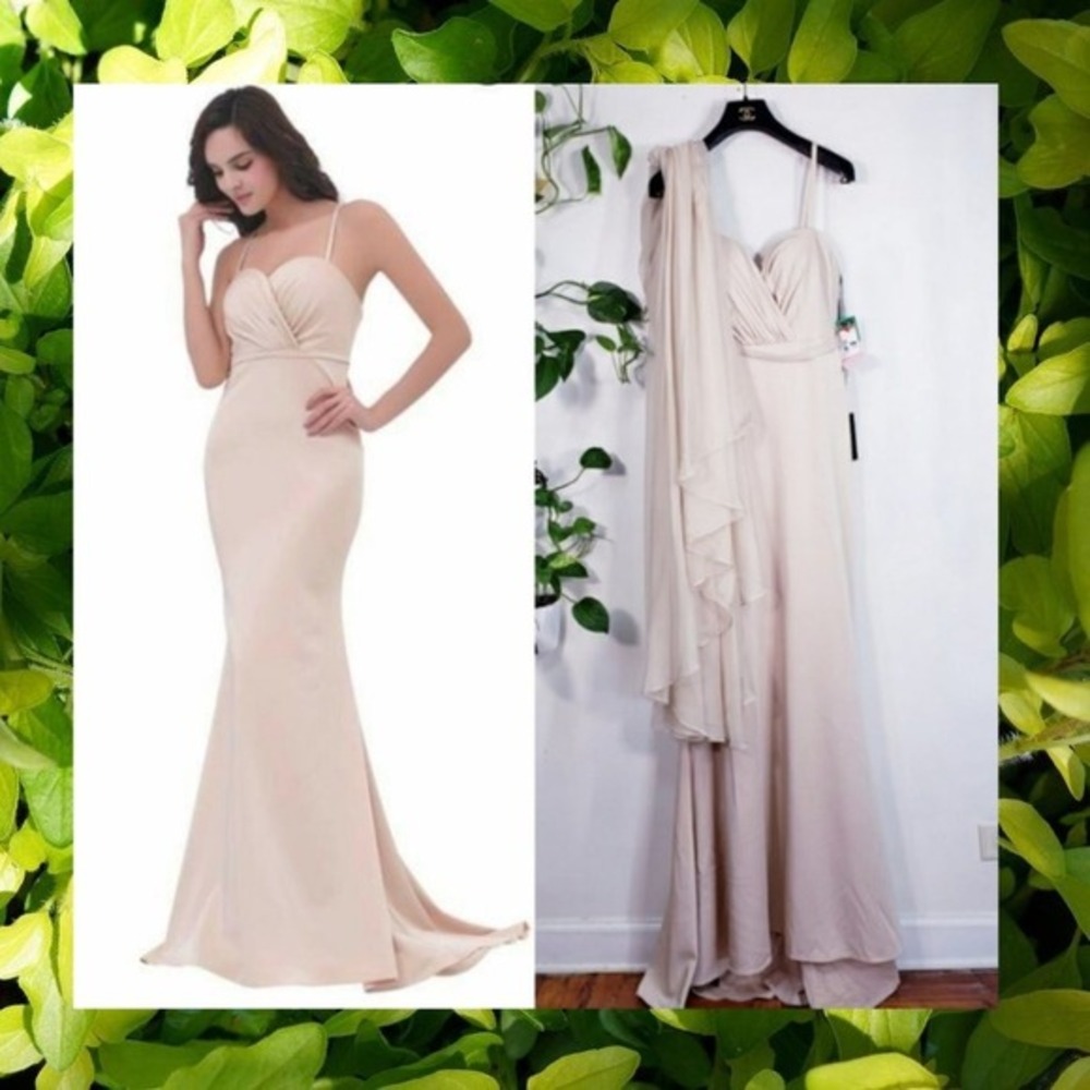 JADORE Long Gown Maxi Dress 10 M Champagne Beige Drape Scarf Mermaid‎ NEW $363